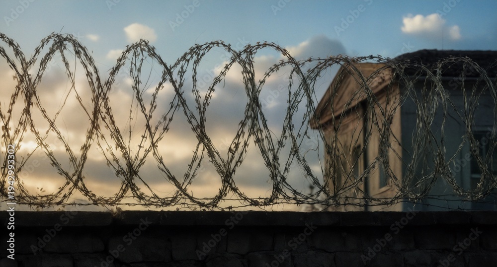 Fototapeta premium barbed wire atop a stone wall against a dramatic sky.