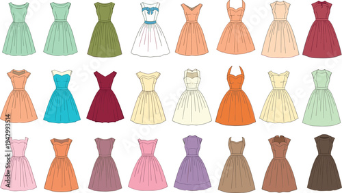 Collection of 25 vintage fashion dresses in grid layout showing diverse styles, colors, necklines, sleeves, skirts, retro clothing inspiration
