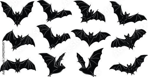 Collection of black bat silhouettes in diverse flying positions, spooky nocturnal animal designs perfect for Halloween vector illustration and art