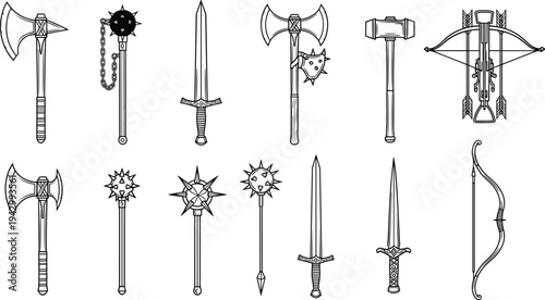 Collection of black and white medieval weapon silhouettes including swords, axes, maces, flails, war hammer, bow, and crossbow designs.