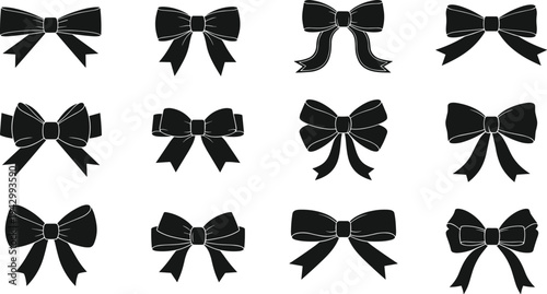 Collection of black bow silhouettes featuring diverse ribbon styles, decorative loops, and tail designs for fashion vector illustration and craft art