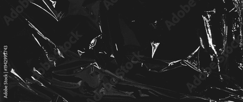 Vector stipple grain plastic wrap texture on black background, distressed film overlay with dotted noise