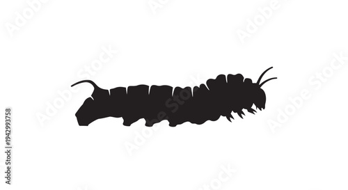 Black silhouette graphic of a crawling caterpillar creature isolated on a white background.