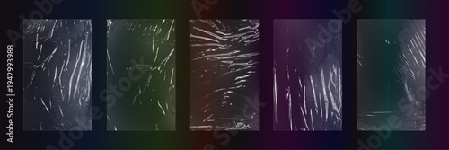 High-contrast monochrome plastic wrap texture set, 5 vertical crumpled cellophane overlay sheets with scratches and dust on black background