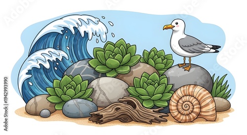 Coastal Nature Elements Collection with Rocks, Succulents, Wave, Seashell, Driftwood, and Seagull Cartoon Illustration