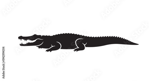 A black silhouette of an alligator with its mouth open displays sharp teeth against a white background.