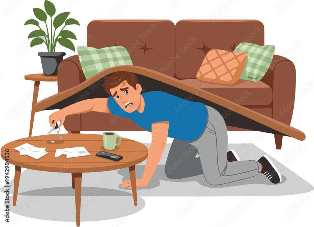 Obraz premium A man kneeling under a partially collapsed couch in a living room