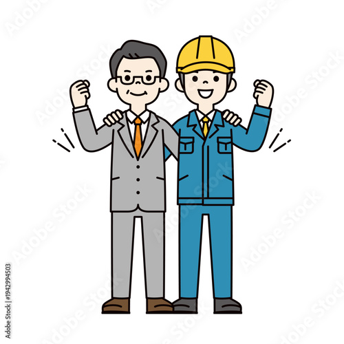 肩を組んでガッツポーズををする工場・現場の作業員とビジネスマンの全身ベクターイラスト素材