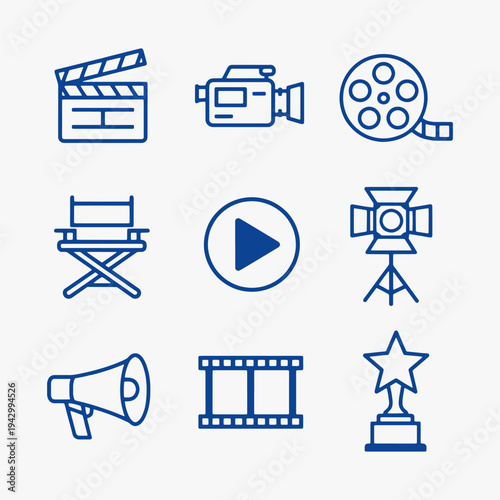 A set of film industry element icons focuses on simplicity, elegance, and ease of recognition. Vector Sign for Logos, Labels, and Icons.