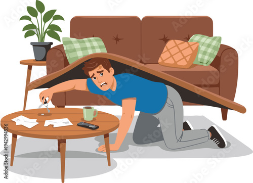 A man kneeling under a partially collapsed couch in a living room