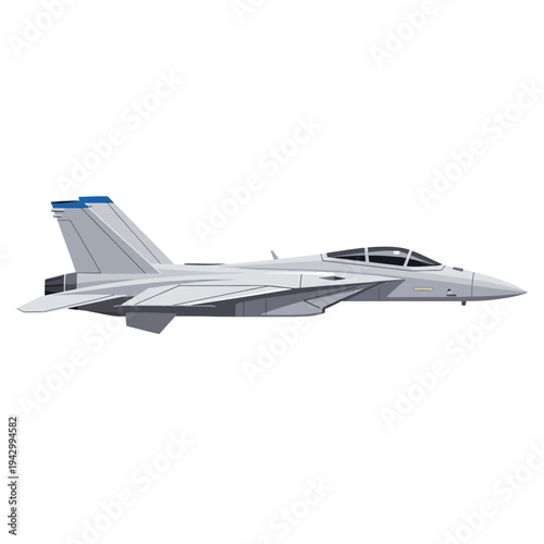 A sleek gray fighter aircraft with blue accents flies against a clean white background in a side view.