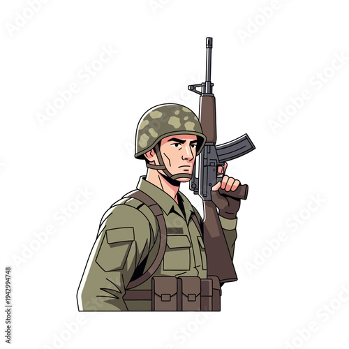 A cartoon-style illustration of a soldier wearing a green helmet and uniform, holding a rifle with a serious expression, against a clean white background with a bold and graphic visual