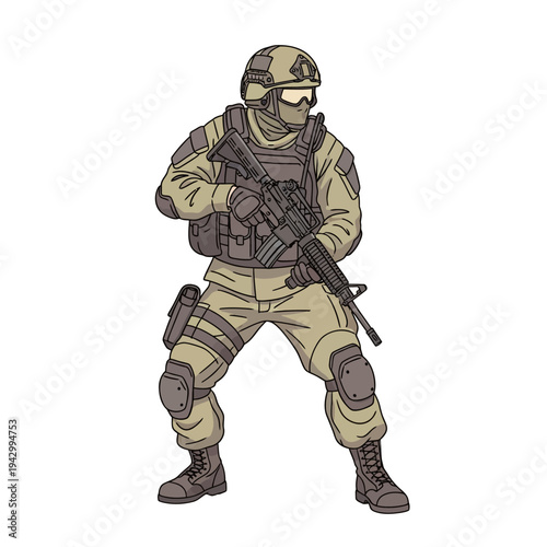 A soldier in full gear, including a helmet and tactical vest, holds a rifle with a serious stance and a muted color palette against a clean white background.