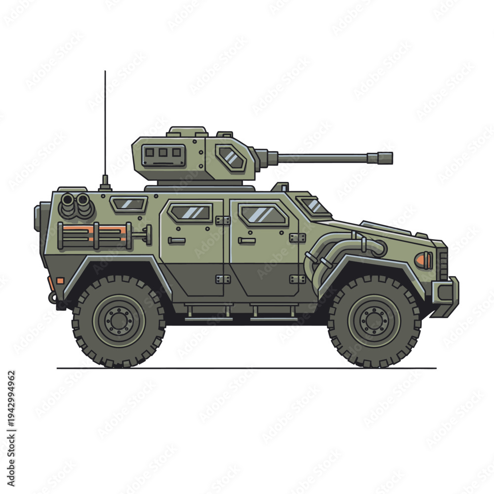 Obraz premium A military armored vehicle with a mounted gun turret, depicted in a side view with a green and gray camouflage design against a clean white background.