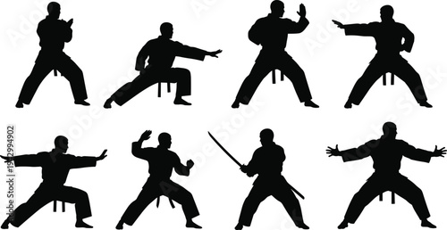 Collection of black silhouette martial arts figures in dynamic poses, including weapon stance, representing discipline, training, combat, and cultural practice