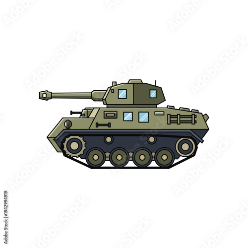 Military green tank with a long gun and tracks on a white background, simple illustration with a muted color palette.