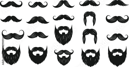 Collection of black silhouette mustaches and beards in diverse styles, representing facial hair fashion, grooming, character design, and creative illustration