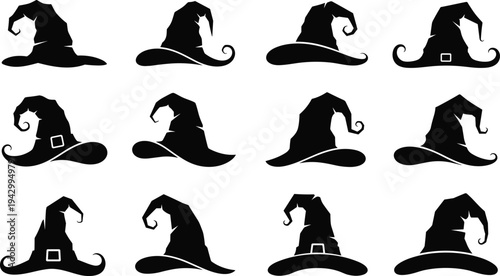 Collection of black witch hat silhouettes with unique shapes, curled tips, buckles, and fantasy designs perfect for Halloween vector illustration art