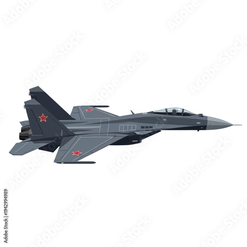 A sleek gray fighter aircraft with red star markings isolated on a white background, showcasing its aerodynamic design and sharp nose cone in a side view.