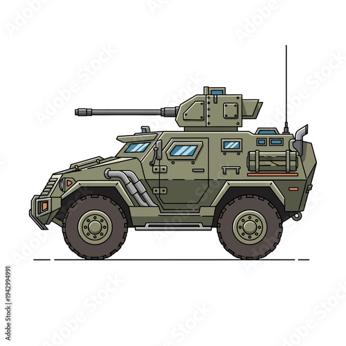 Detailed illustration of a military war vehicle with a mounted gun, showcasing its rugged design and earthy tones against a clean white background.