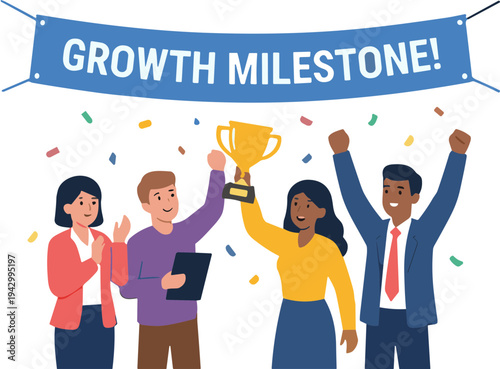 Professional business team celebrating a major growth milestone, showcasing collaborative success and achievement with a golden trophy and festive confetti