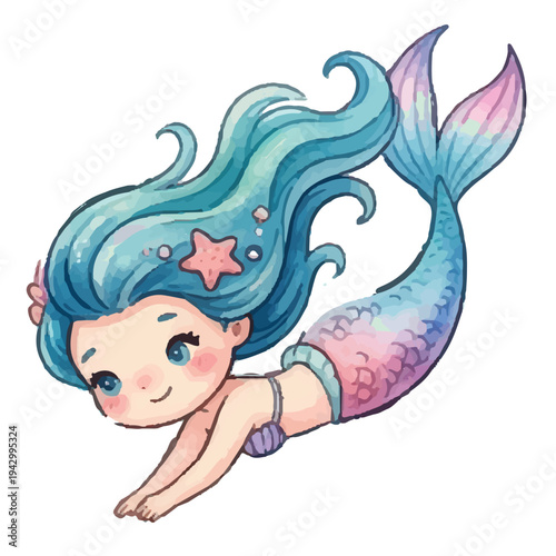 A beautiful smiling mermaid woman with long flowing hair in the sea in a soft cartoon vector illustration showing fairy like beauty love and gentle ocean fantasy