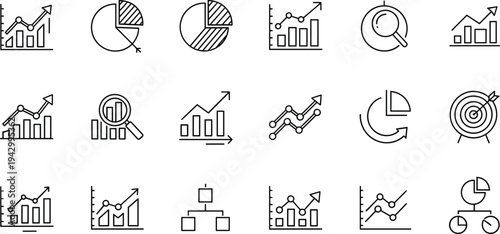 Financial analytics icon collection featuring various line graphs pie charts and target goal symbols