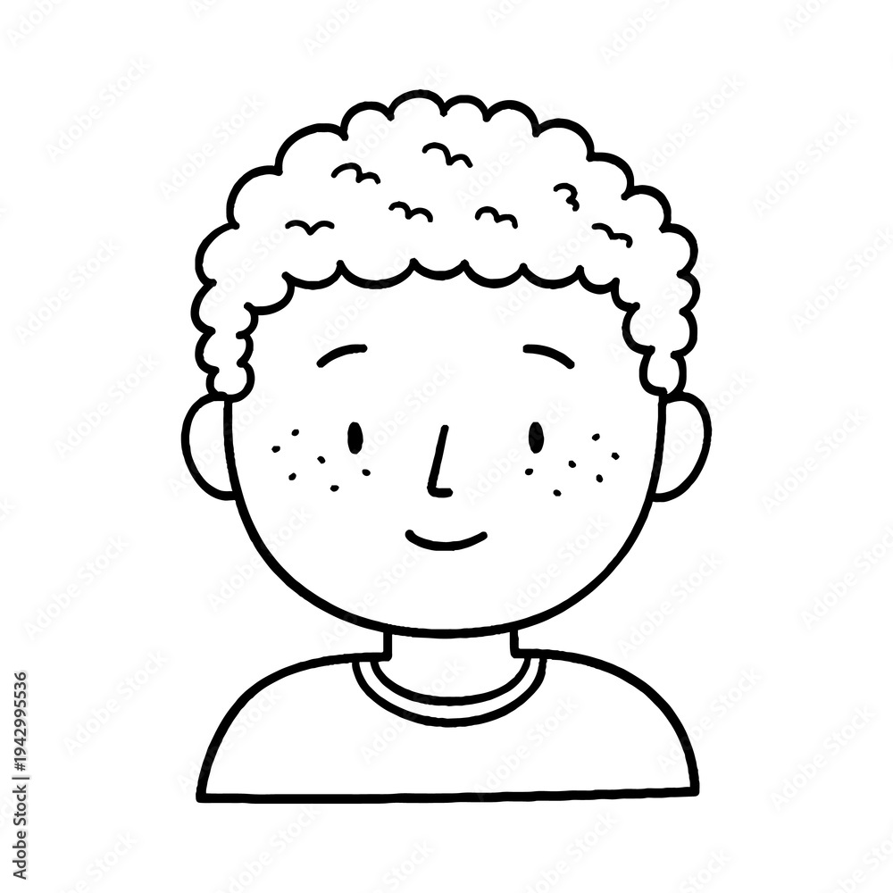Obraz premium Simple black and white line drawing of a smiling young boy with curly hair and freckles, a cheerful cartoon illustration.