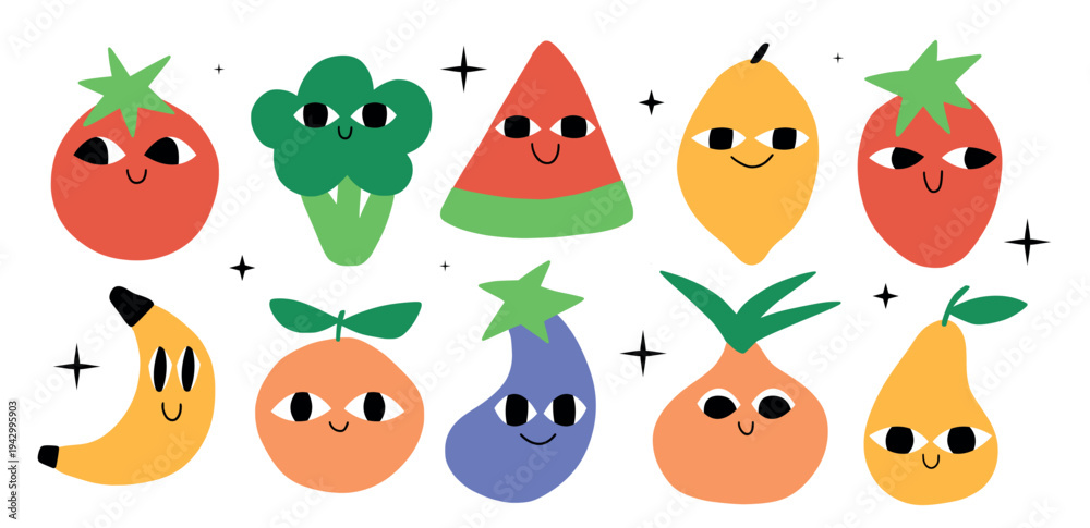 Fototapeta premium Abstract organic character fruits. Tomato and strawberry, lemon with big eyes in flat naive style. Simple funny mascots
