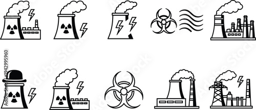 Nuclear power plant and biohazard danger vector icons set, industrial and environmental concepts