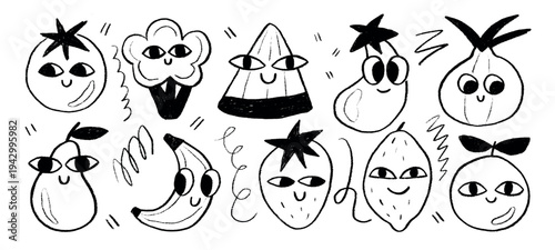 Abstract character drawn fruit. Outline crayons tomato and strawberry, lemon with big eyes. Textured funny mascots