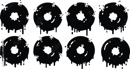 Collection of dripping donut silhouettes with abstract shapes, vector graphic illustrations for food design, art projects, and decoration use