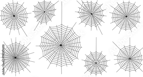 Collection of diverse spider web designs showcasing intricate radial patterns and concentric circles, isolated on white background for creative projects