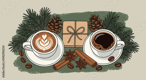 Two coffee cups with decorative elements including cinnamon sticks, pinecones, and greenery in a modern, cozy style