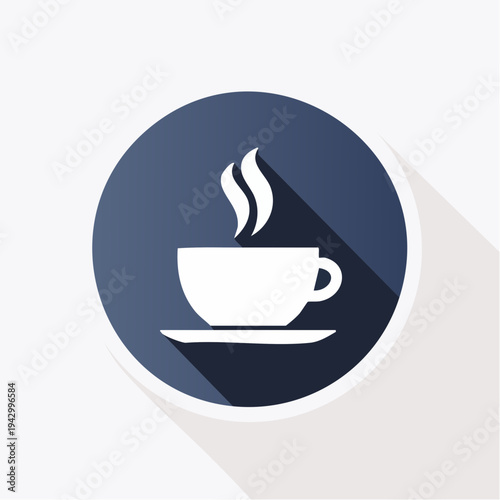 Minimalist white coffee cup with rising steam icon in flat design style on a dark blue background with long shadow