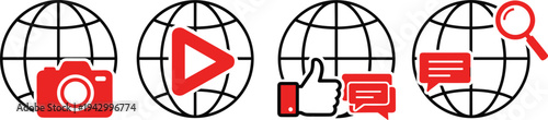 Set of globe icons with various social media symbols design for global communication