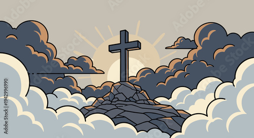 A serene illustration of a cross on a rocky hill, featuring soft clouds and a radiant sun, in a modern flat style