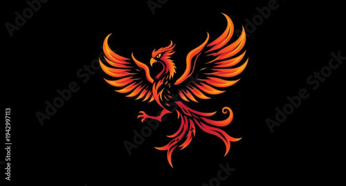 Tribal phoenix tattoo design featuring a fiery bird with burning orange flames and red wings on an abstract black background vector illustration