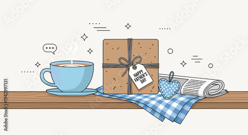 A cozy scene featuring a steaming cup of coffee, a gift box, and a blue checkered cloth, illustrated in a modern flat style