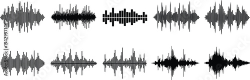 Audio sound wave collection, music waveform and voice signal visualization set for digital recording technology design, flat vector illustration