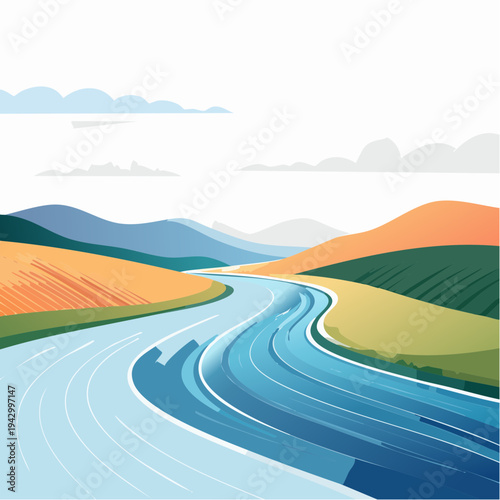 Abstract landscape illustration of an adventurous journey path through colorful mountains and rolling hills