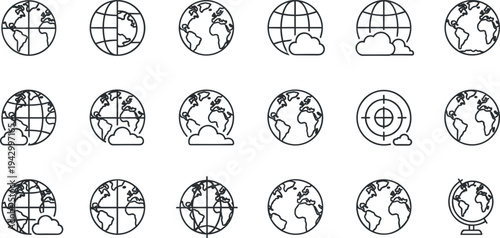 Earth globe line icon collection featuring world maps clouds targets and planet sphere variations