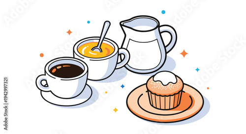 A cozy coffee scene featuring a cup of coffee, a bowl of sugar, a milk jug, and a cupcake in a modern, minimalist style