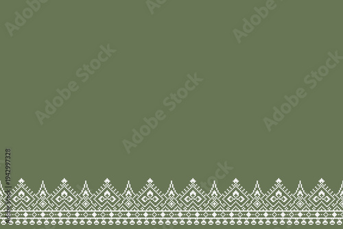 Green and white geometric folk bottom border pattern with repeating diamond motifs and pixel-style ornamental details. Wide open upper space suitable for textile panels, fabric trims, layouts, and bac