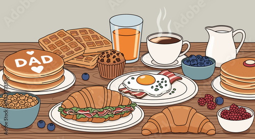 A delightful breakfast spread featuring pancakes, croissants, eggs, and coffee in a minimalist style