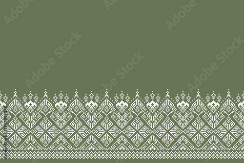 Green and white geometric folk bottom border pattern with dense diamond and floral pixel motifs. Symmetrical ornamental band with wide upper space, suitable for textile panels, fabric trims, layouts, 
