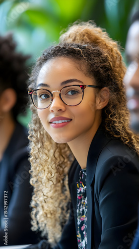 Young professional woman with curly hair and glasses smiles during a business meeting in a modern office