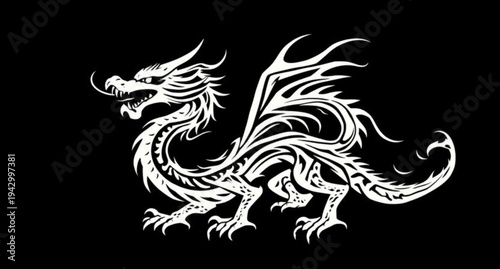 An ancient black dragon vector illustration featuring a traditional Asian silhouette design for a fantasy tattoo emblem or heraldic mythology symbol