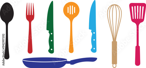 Colorful kitchen utensils arranged in a row bold graphic silhouette