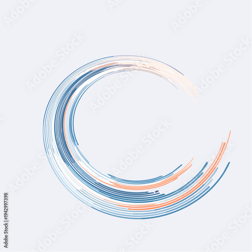 Abstract circular brush strokes in blue and orange hues on a light background, representing movement and creativity